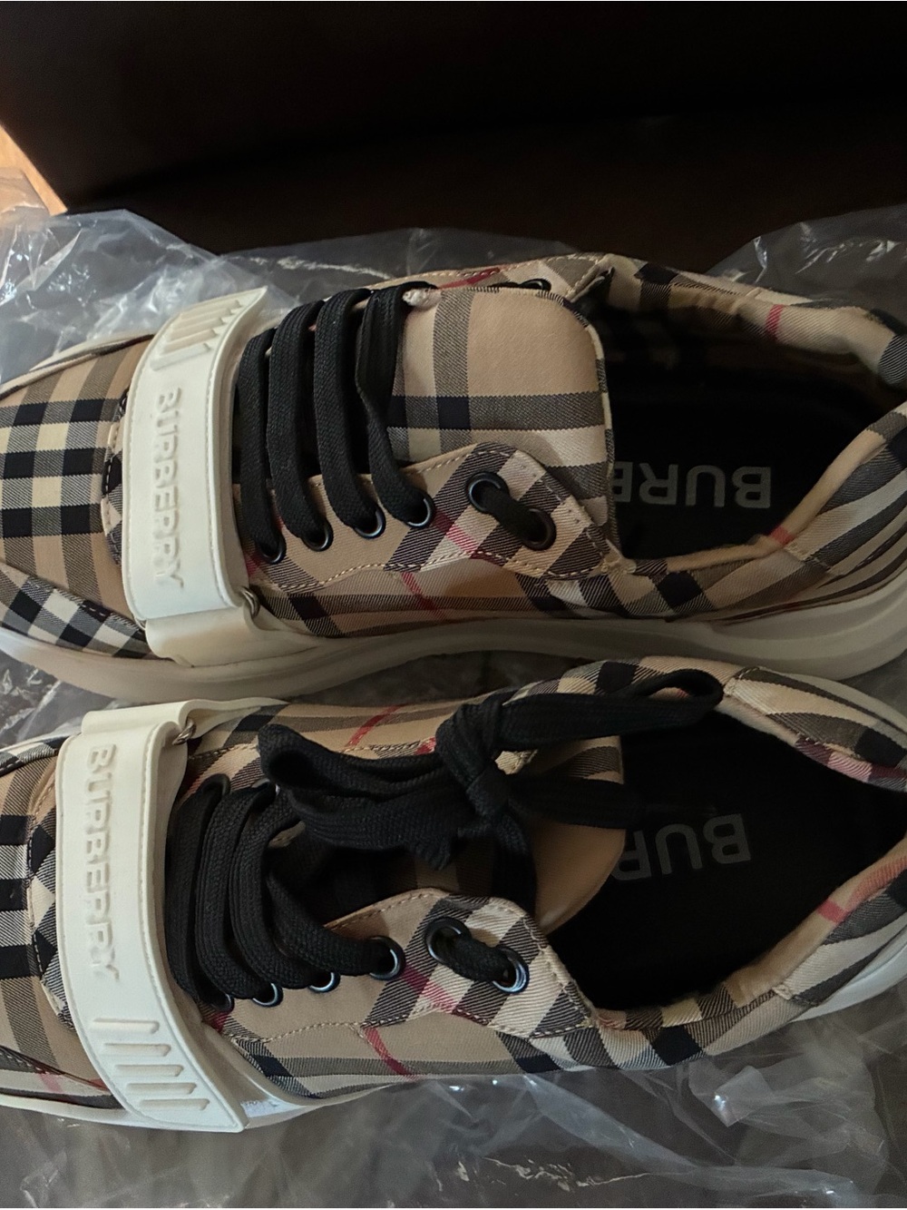 Burberry Beige Plaid Kids Sneakers with Black Laces